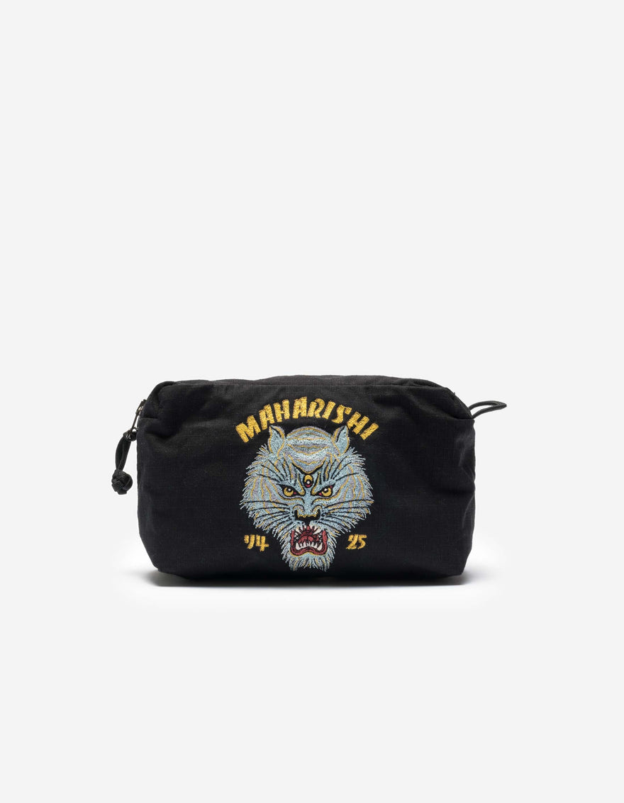 A black travel pouch with 'SNO PANTERS' text and a character embroidery on the front.