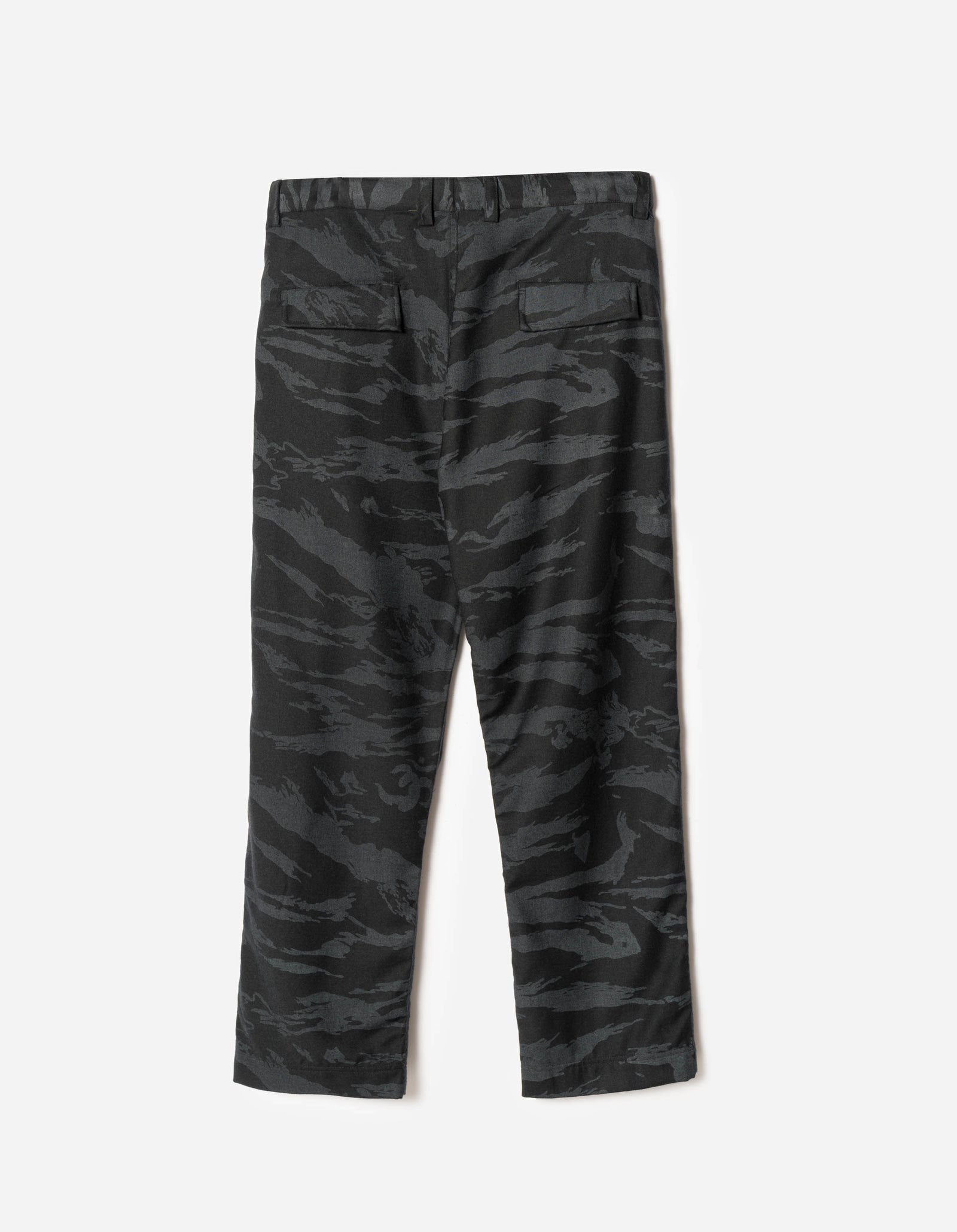 Black camouflage pants on a white background