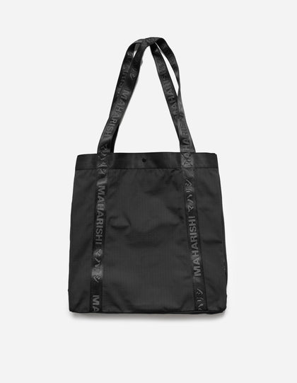 Black tote bag with visible branding on a white background