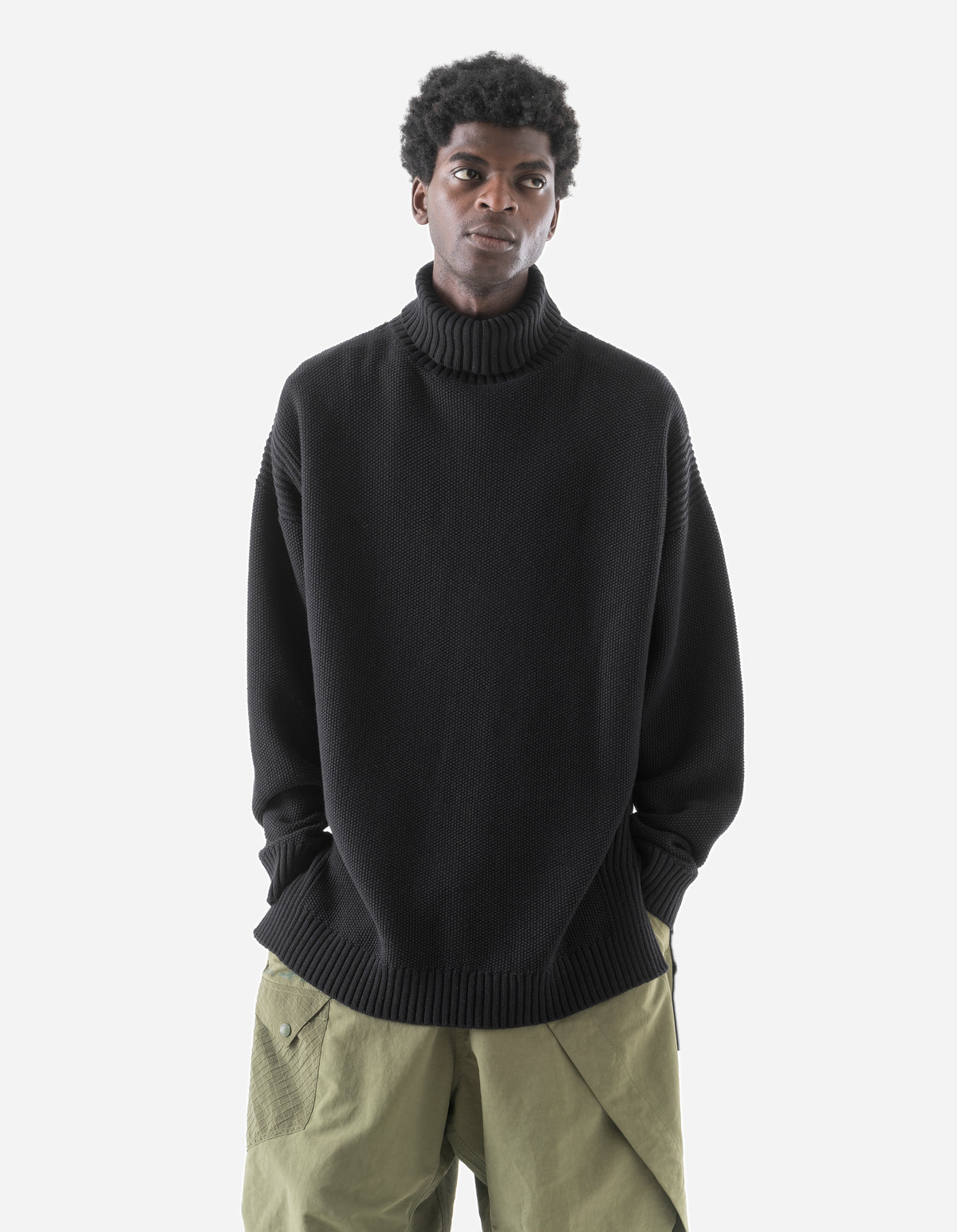 7578 Hemp Knitted Roll Neck Kurta Black