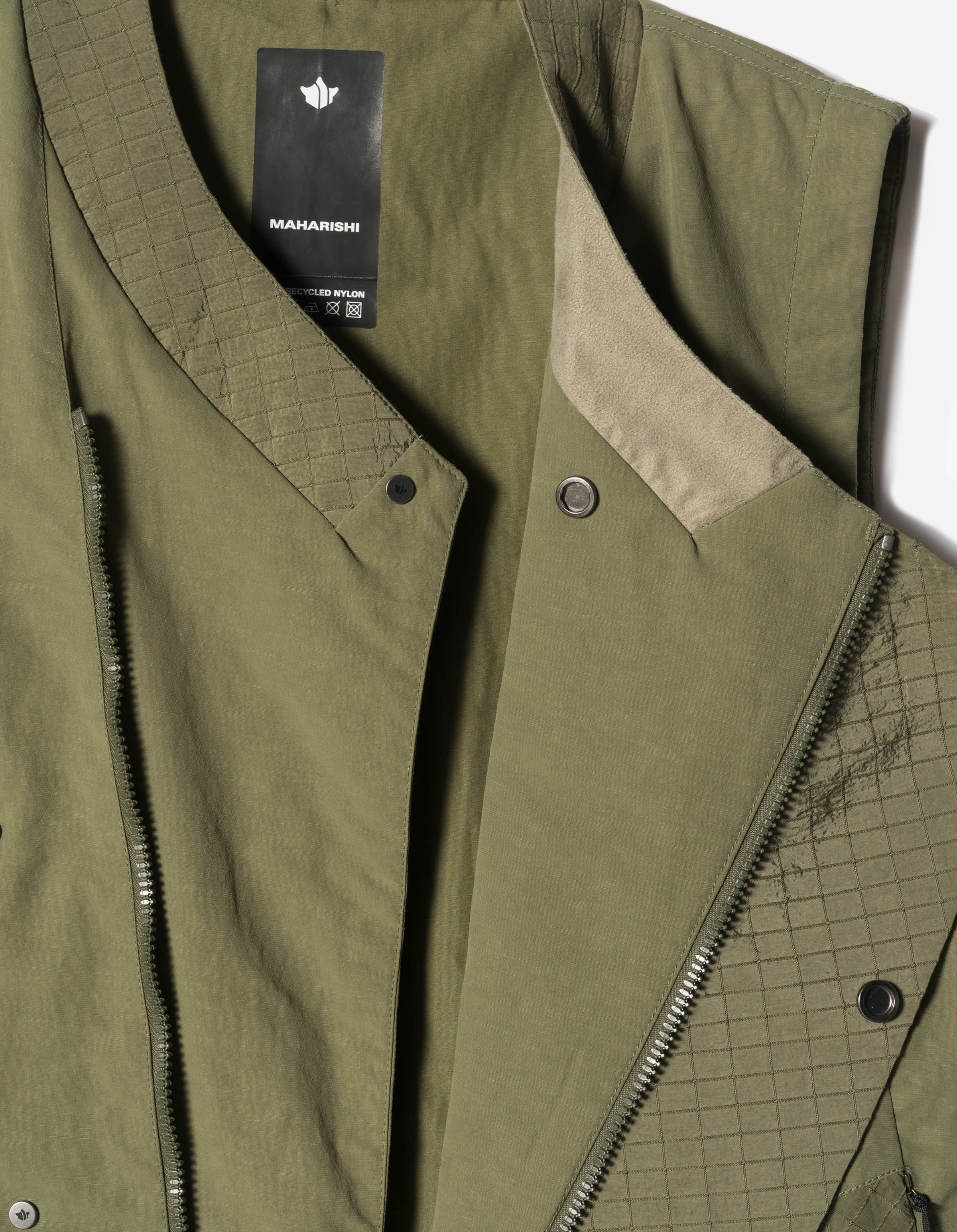 7581 DWR Hemp Light Padded Asym Vest Olive OG-107F – Maharishi