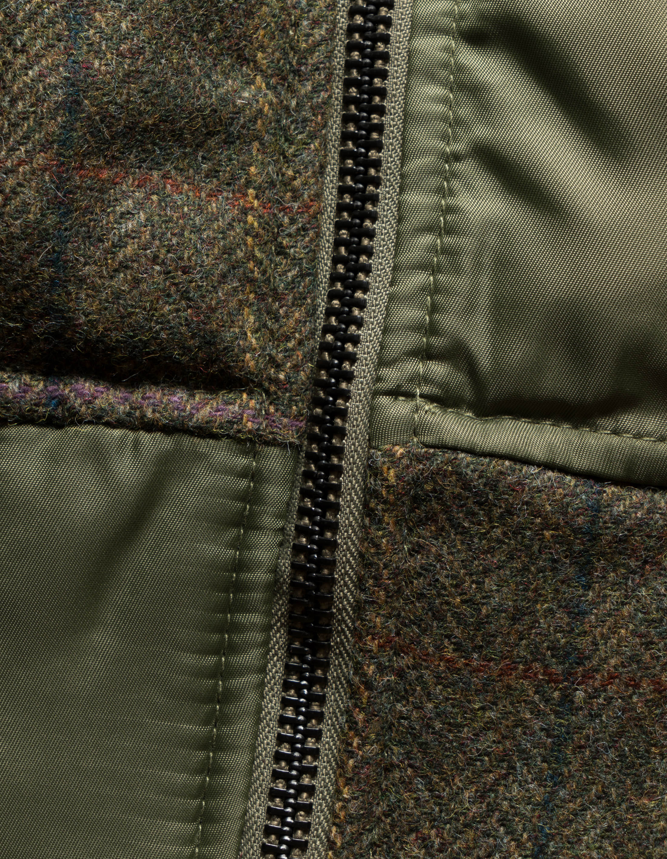 Maharishi wool quilted paneled green long bomber style coat discount