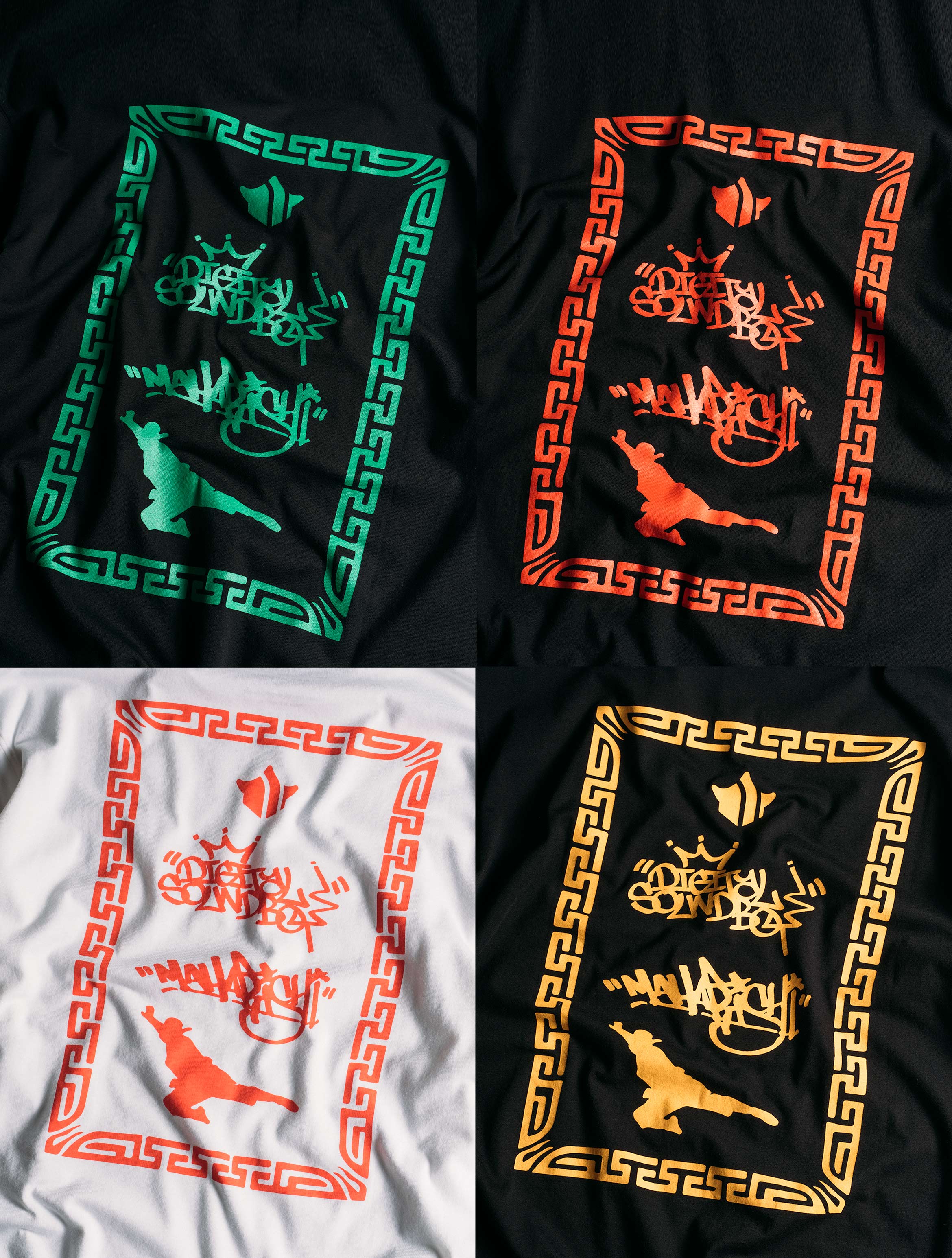 Four black bandanas with different designs and colors on a white background