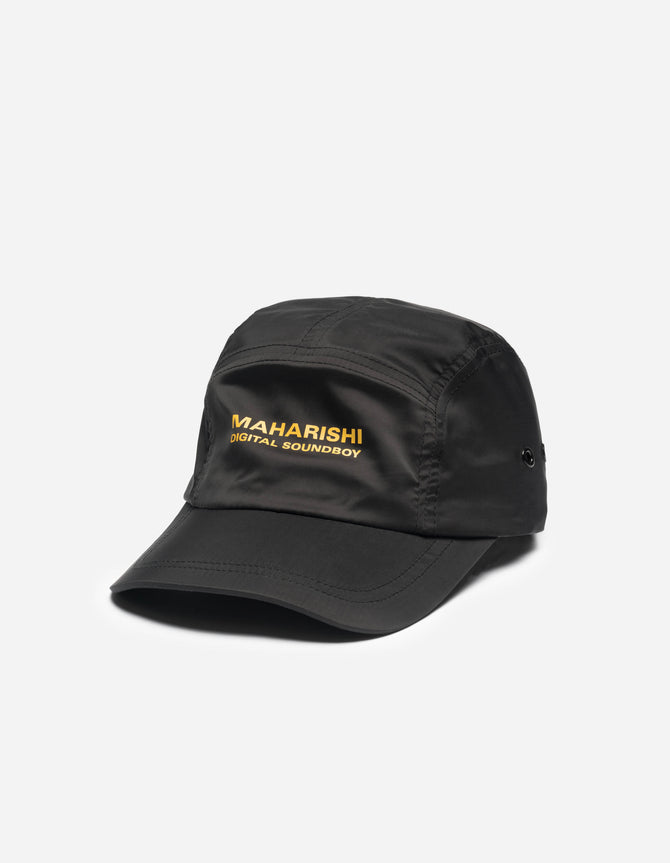 Maharishi black cap with yellow text on a white background