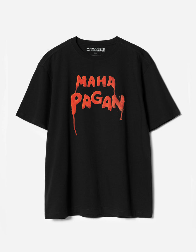 Black Maharishi x Phoebe Oliver t-shirt with red text 'MAHA PAGAN' on a white background