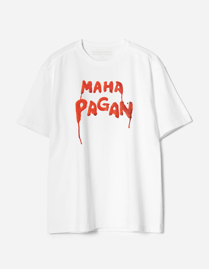 White Maharishi x Phoebe Oliver t-shirt with red text 'MAHA PAGAN' on a white background