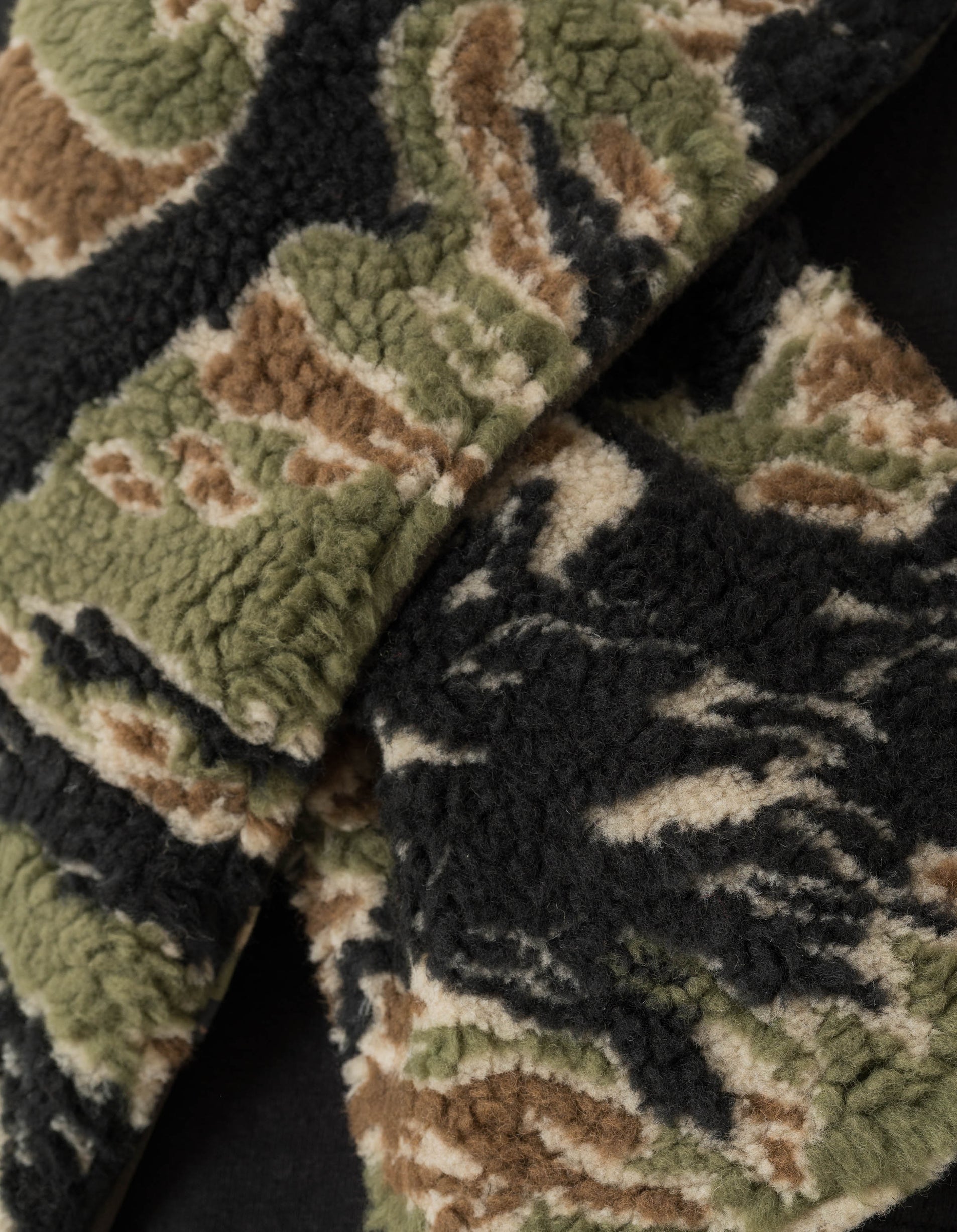 Close-up of a camouflage-patterned fabric with green, brown, and black colors.