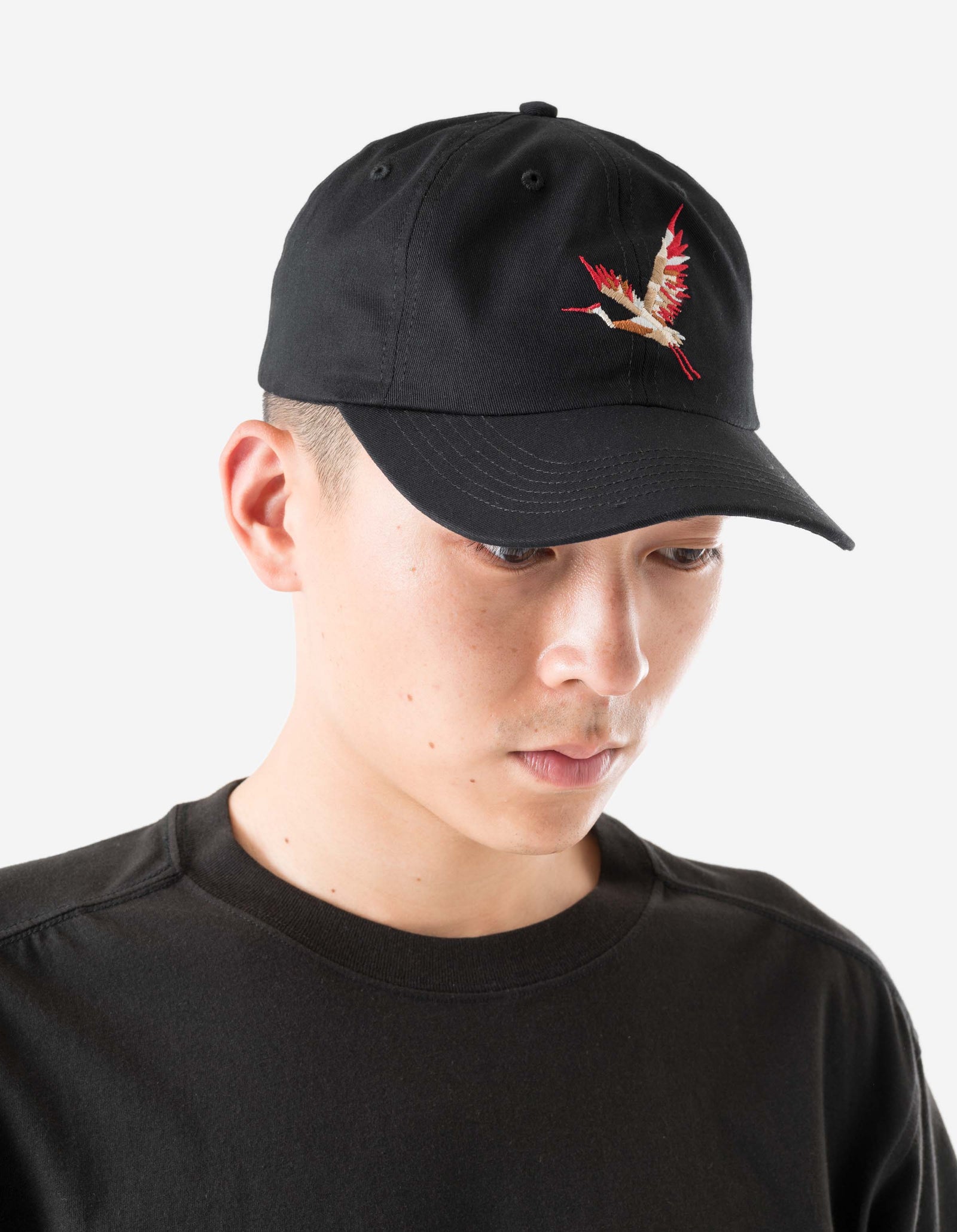 Person wearing a black cap with a bird emblem on a white background
