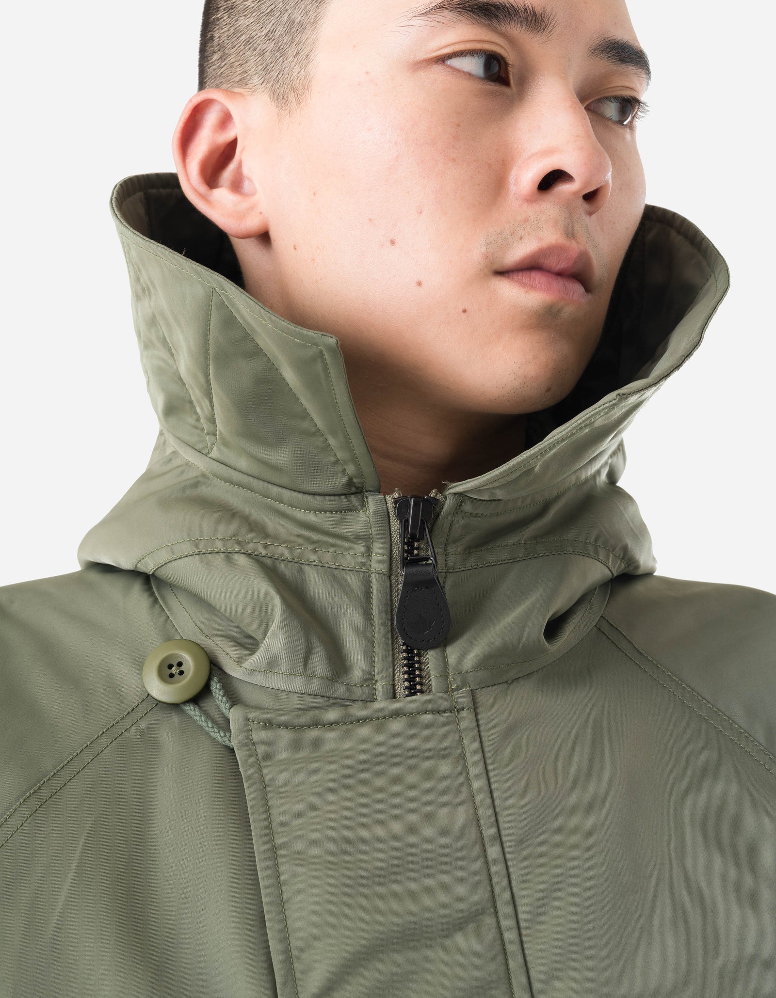 Person wearing a green hooded jacket on a plain background