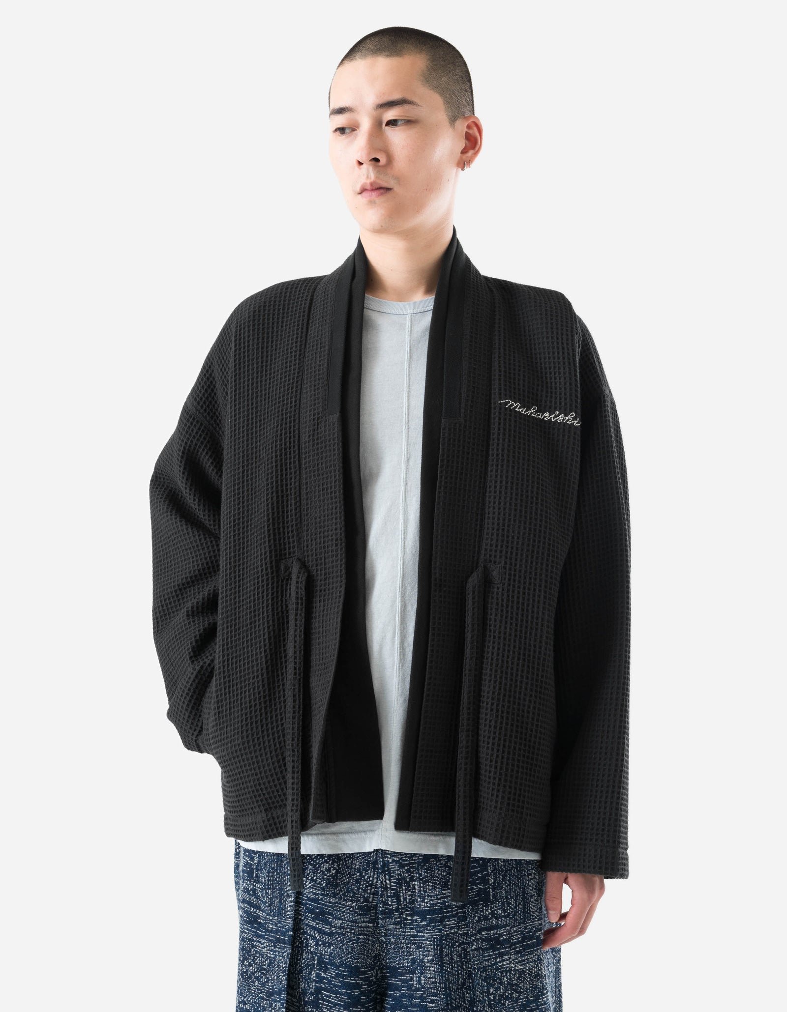 6241 Embroidered Waffle Kimono Overshirt Black