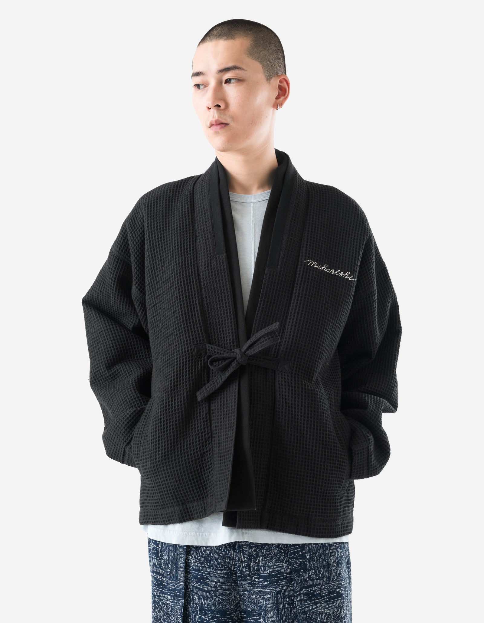 6241 Embroidered Waffle Kimono Overshirt Black