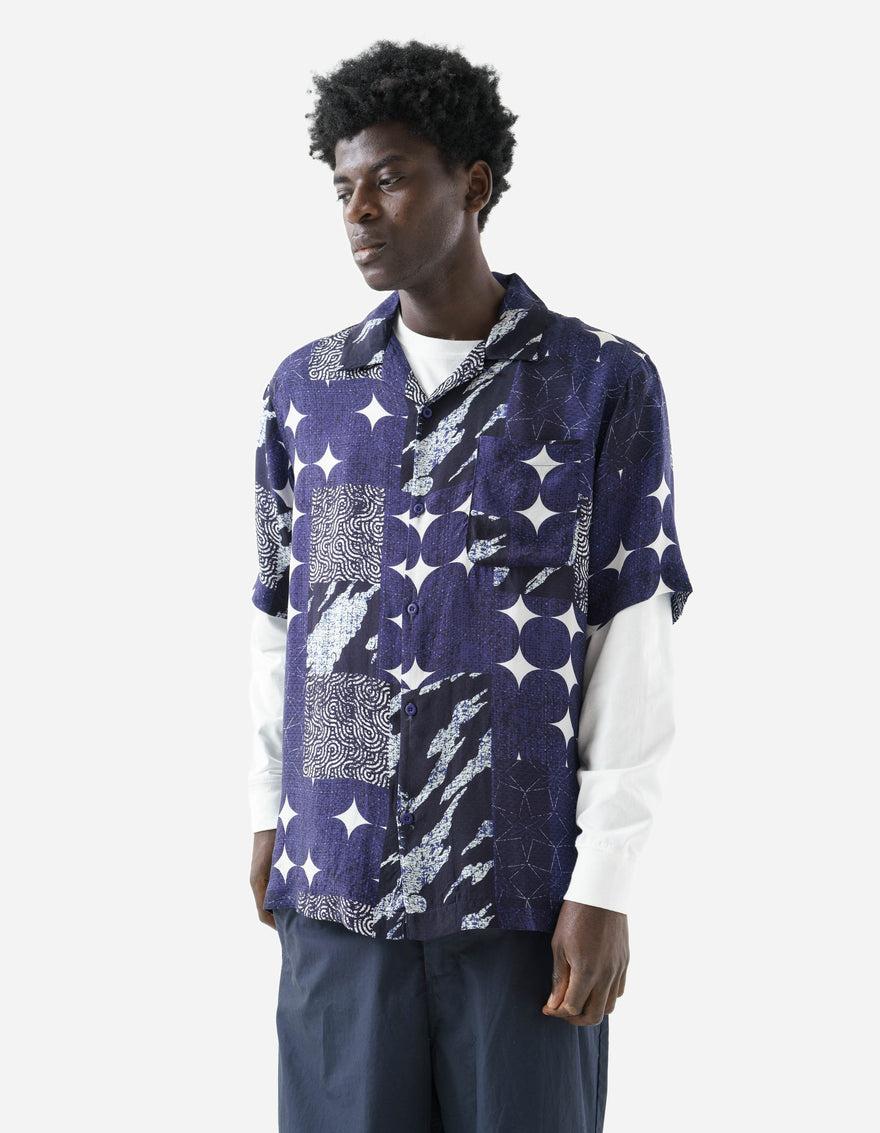 1529 Sashiko Patchwork Summer Shirt Navy/Ecru