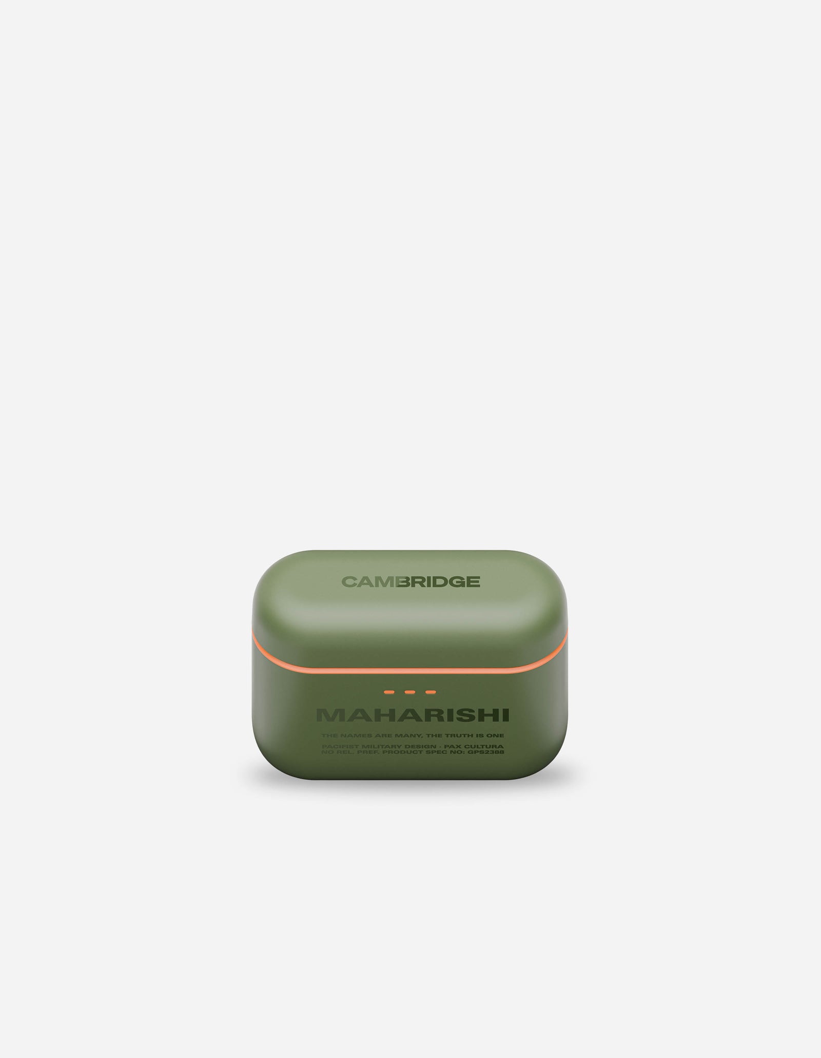 Green electronic device case with 'Cambridge' and 'Maharishi' branding on a white background