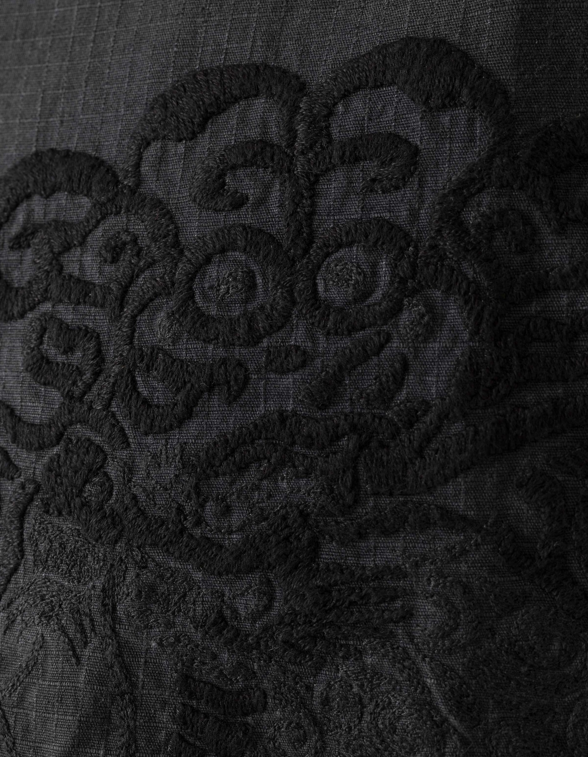 Close-up of black lace fabric with intricate patterns