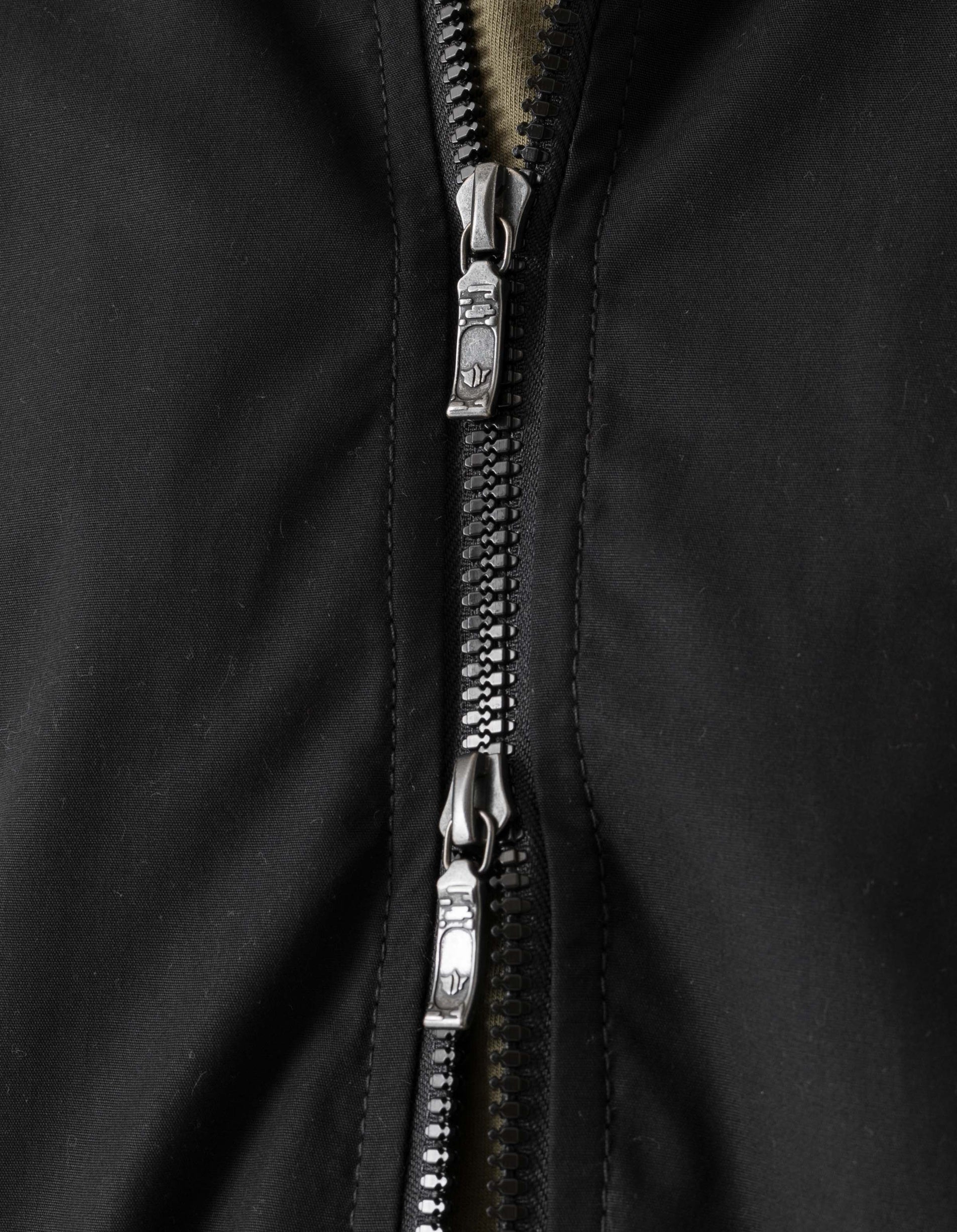 Close-up of a black jacket zipper on a dark background