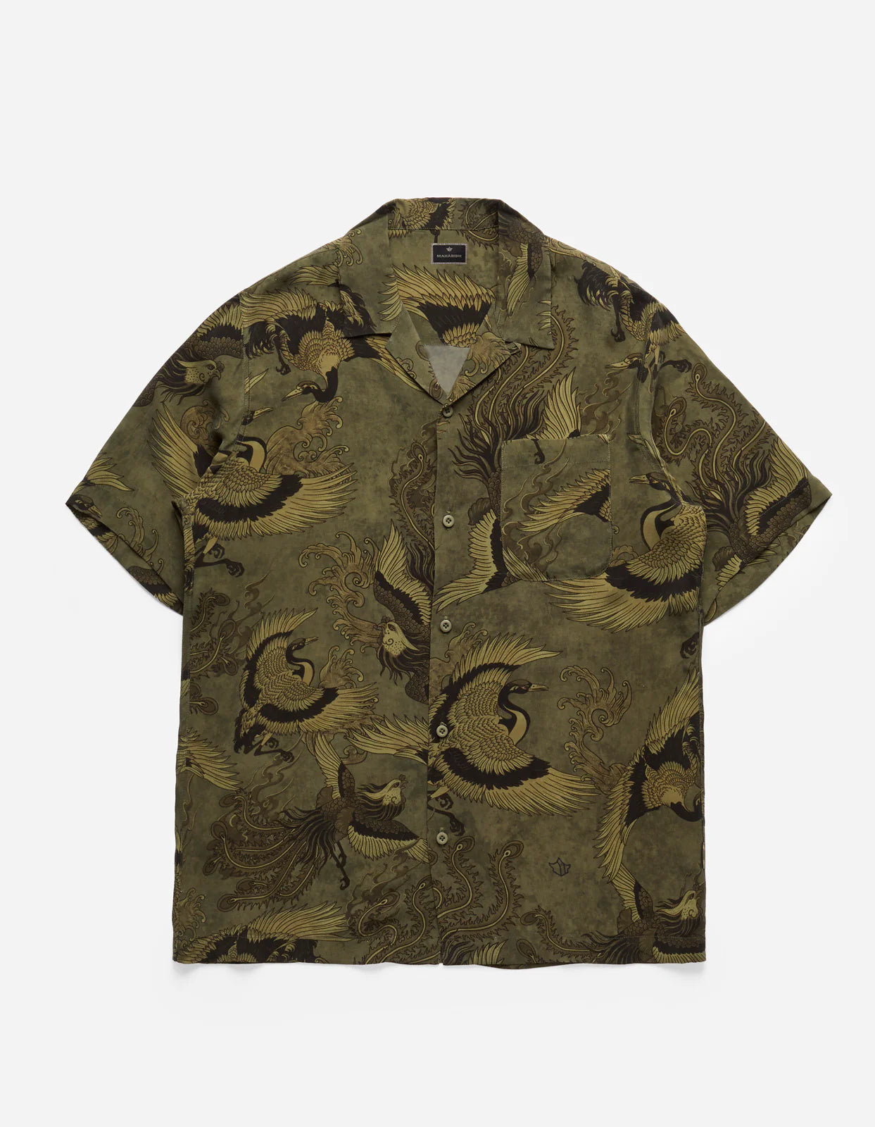 4509 Peace Cranes Camp-Collar Shirt Olive Subdued