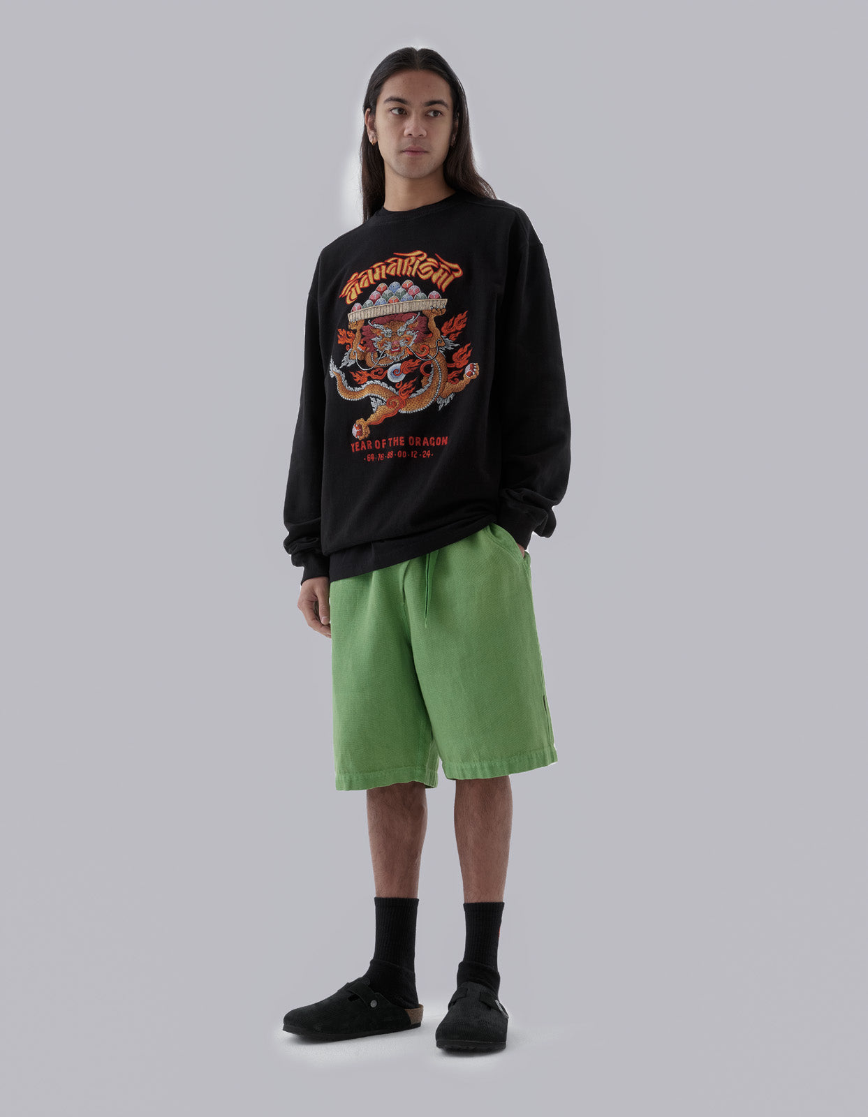 5007 Hemp Asym Loose Track Shorts Bamboo Green