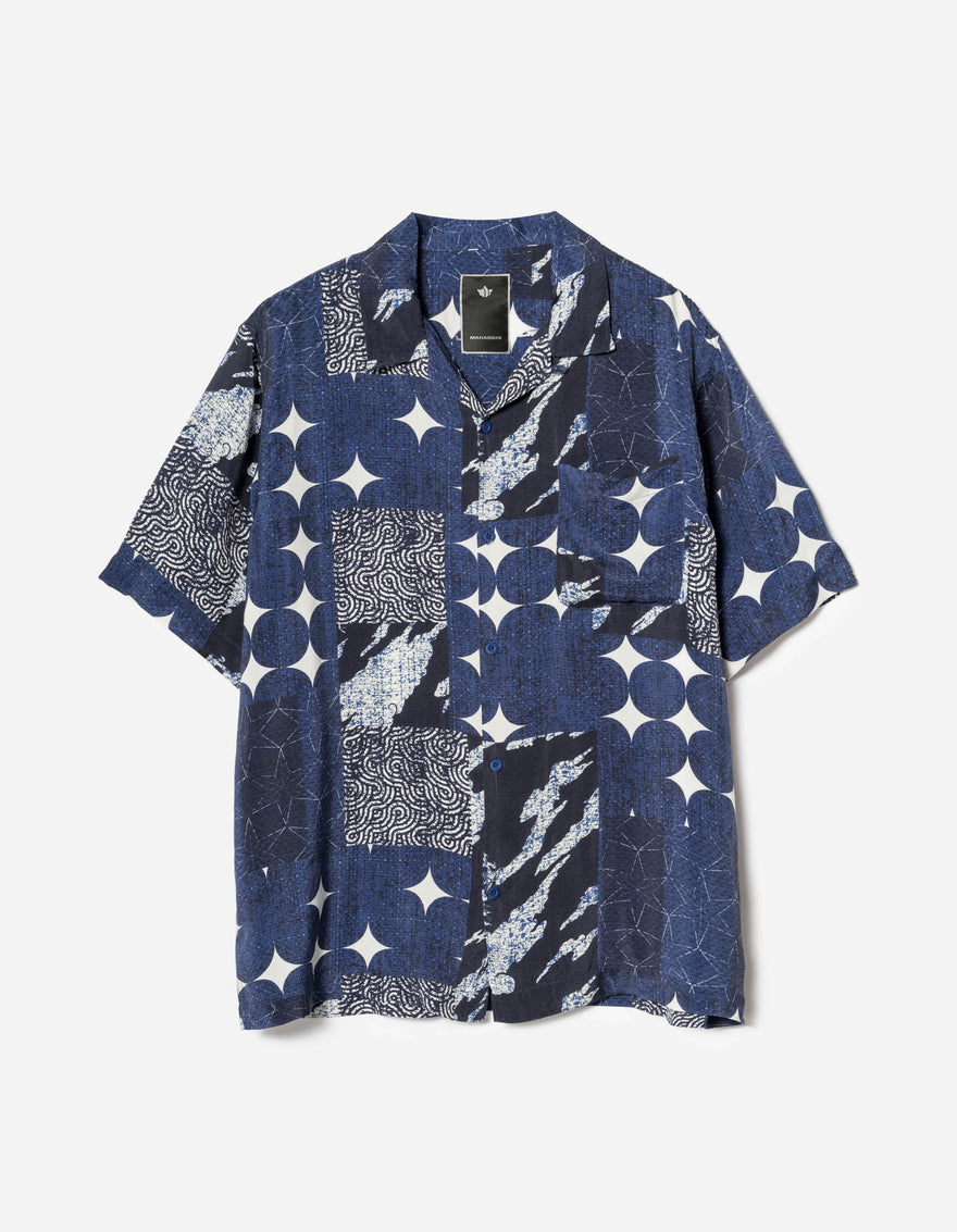 1529 Sashiko Patchwork Summer Shirt Navy/Ecru