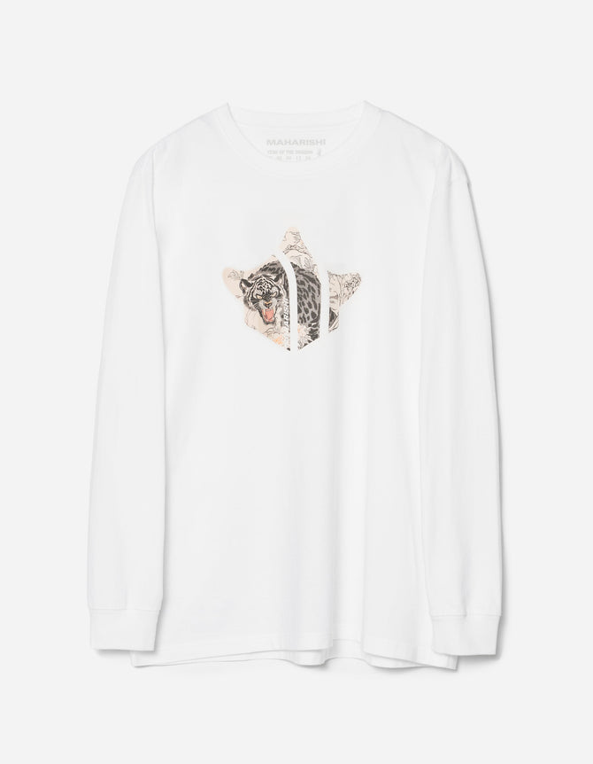 White sweatshirt with a tiger graphic on a white background