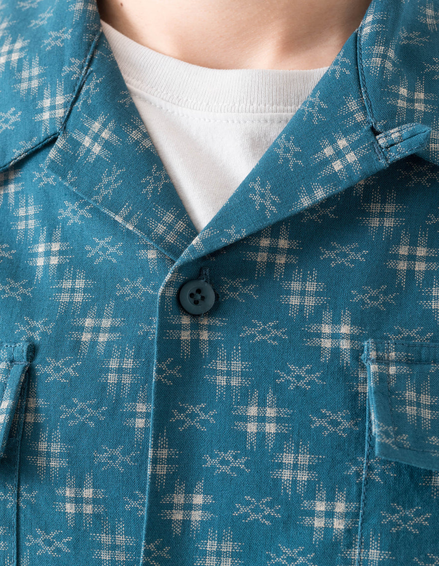 7320 Kasuri Cuban Collar Shirt Aizome Blue