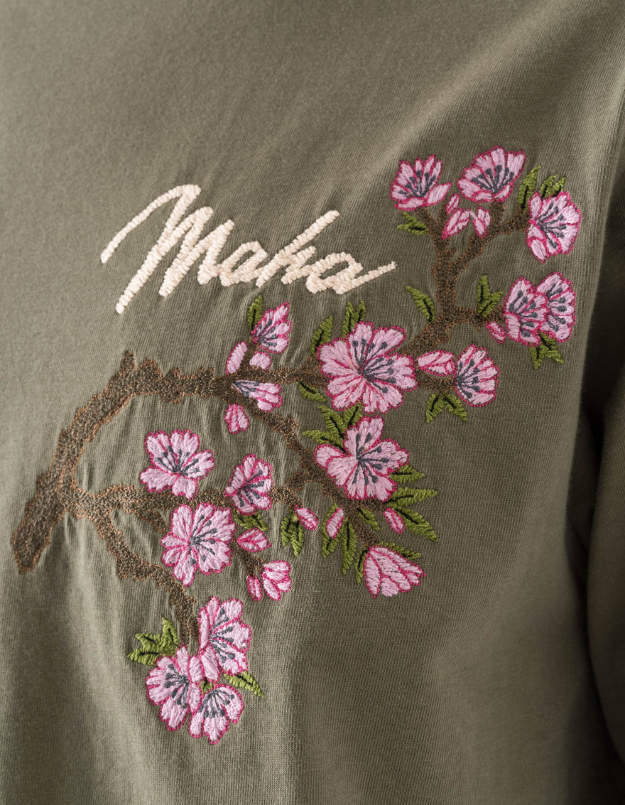 Embroidered floral design with 'Maha' on a green background