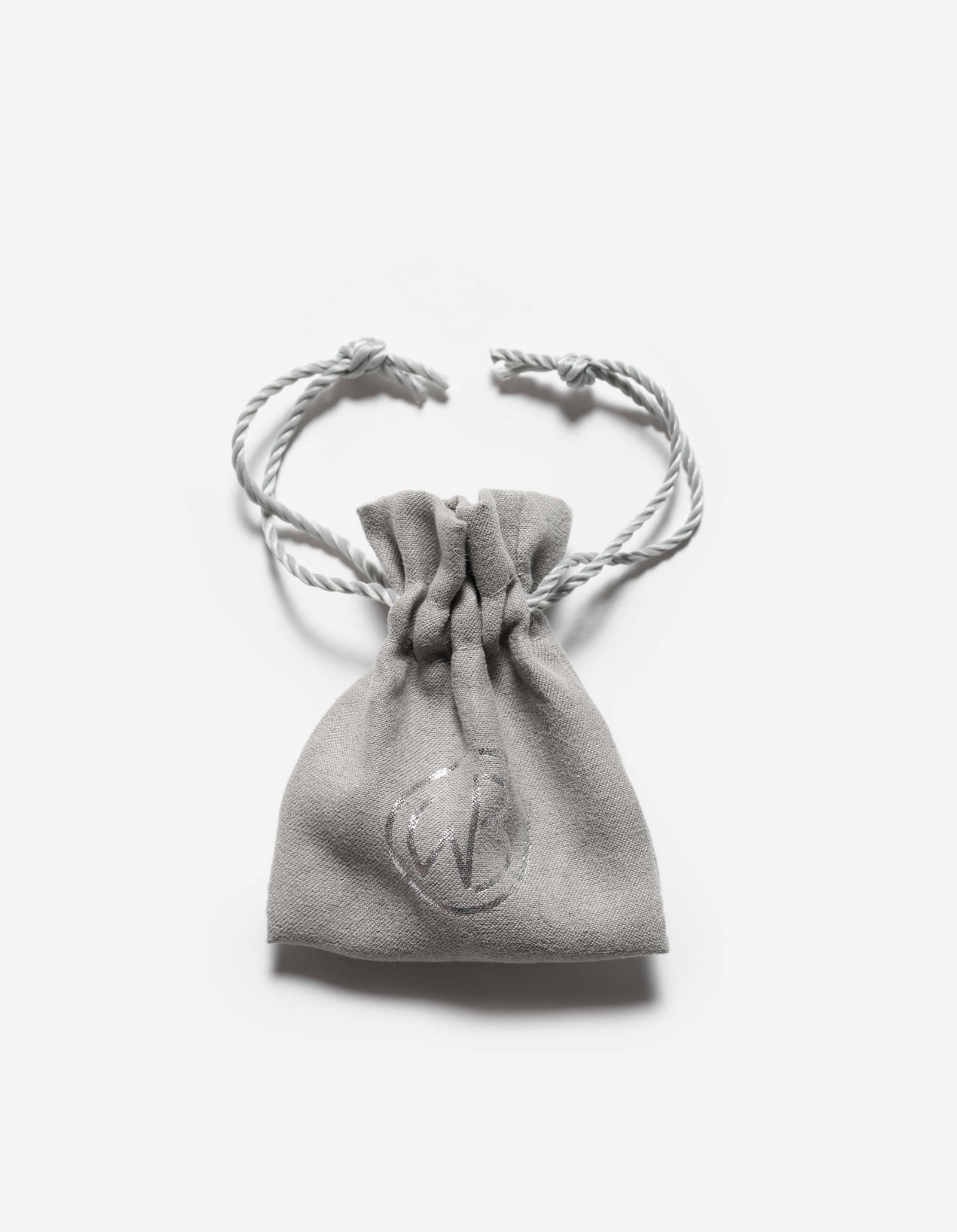 Gray drawstring pouch with a white cord on a white background