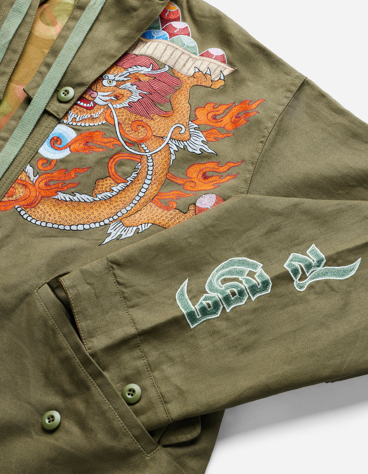 5012 Dragon Embroidered Kimono Parka Olive OG-107F